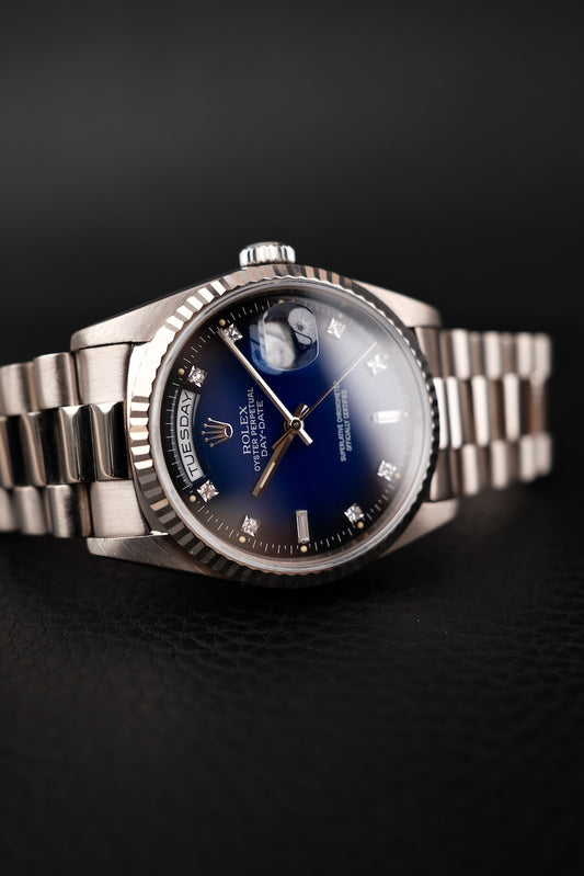 Rolex Day-Date 36 18239 Box Blue Vignette Diamond Dial White Gold