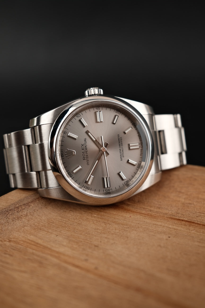 Rolex Oyster Perpetual 36 116000 Box + og. Papiere Silver Stick Dial, LC100, First Buyer's Invoice