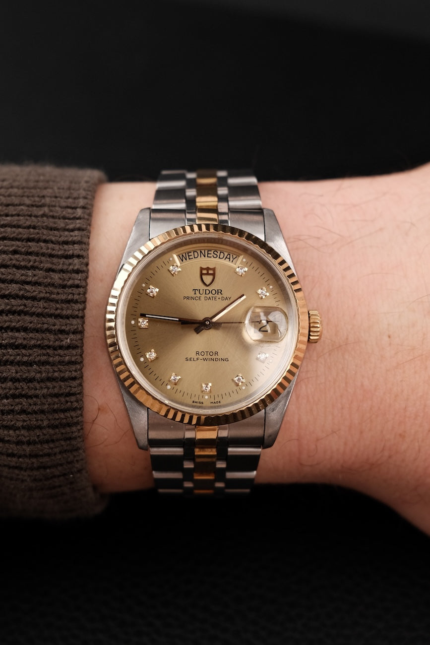 Tudor Prince Date Day, S/G, Champagne Diamond Dial, Fluted Bezel 76213 Original Papiere Serviced