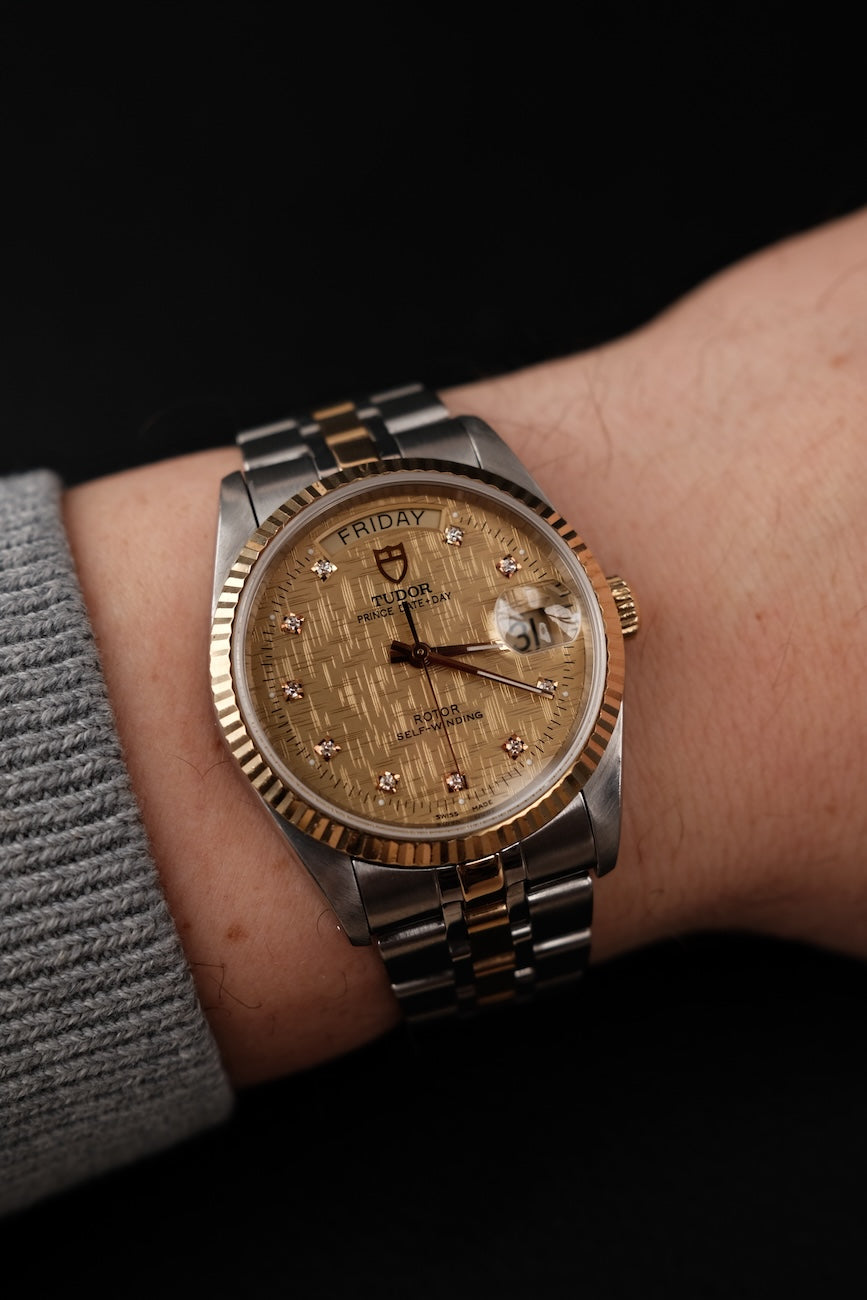 Tudor Prince Date Day 76213 Box + og. Papiere SERVICED Champagne Linen Diamond Dial