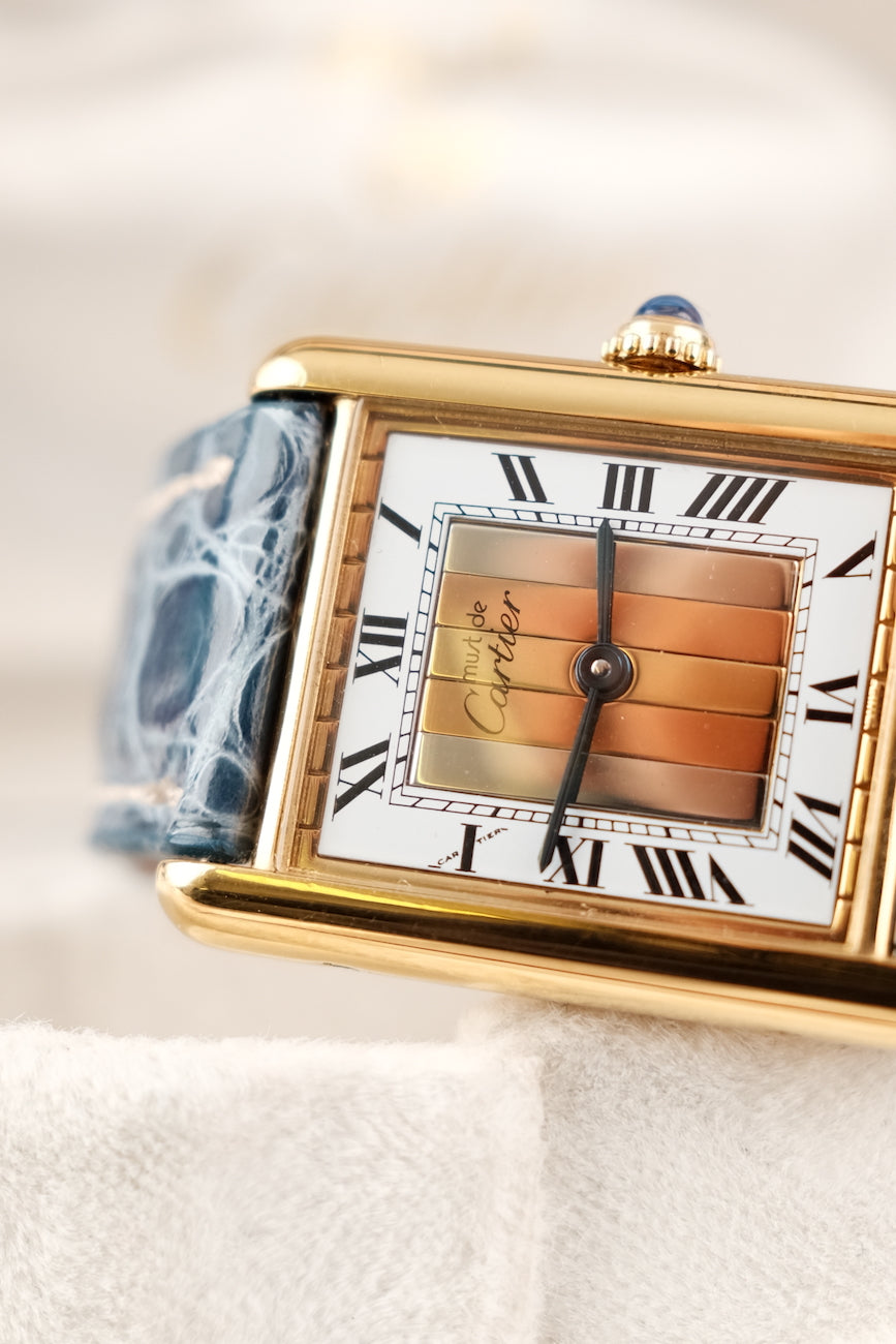 Cartier Tank Vermeil 590005 Box + og. Papiere Rare Trinity Dial, EU Delivered, Cartier Clasp