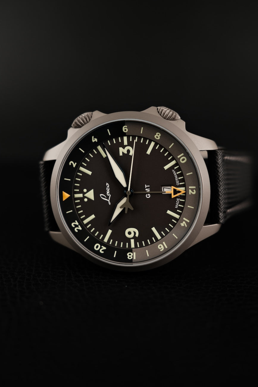 Laco Frankfurt GMT 8621202 Box + og. Papiere Schwarz Flieger Sondermodell, Fullset, Erstkaufrechnung