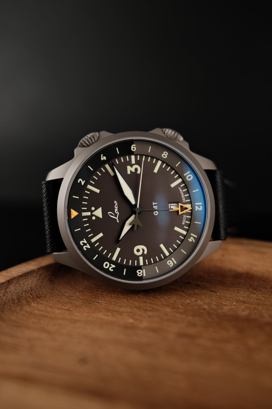 Laco Frankfurt GMT 8621202 Box + og. Papiere Schwarz Flieger Sondermodell, Fullset, Erstkaufrechnung