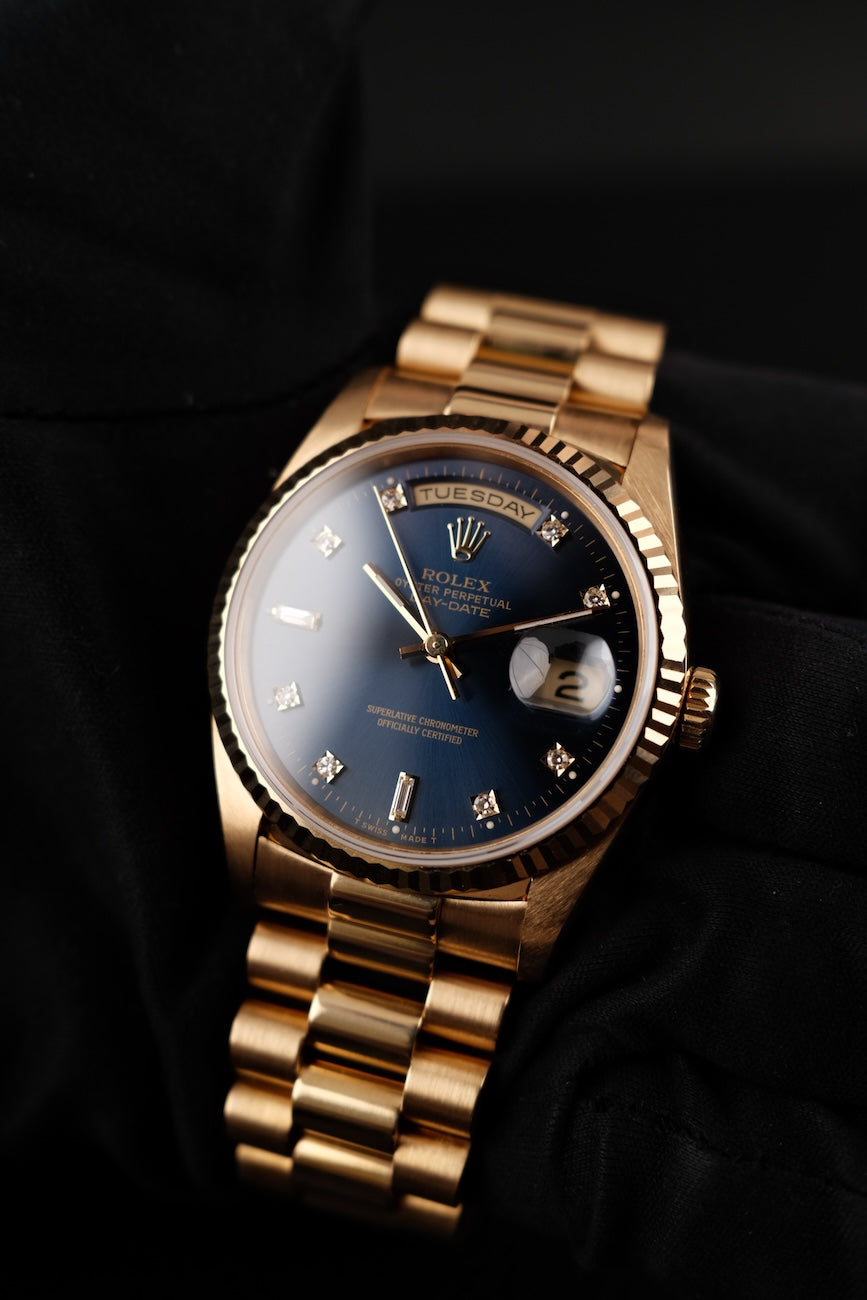 Rolex Day Date 36mm 18238 Box + og. Papiere Yellow Gold, Blue Dia Dial