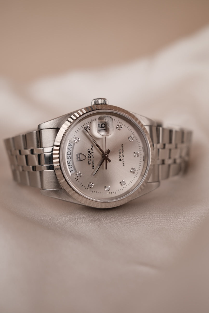 Tudor Prince Date 76214 Box + og. Papiere Silver Diamond Dial