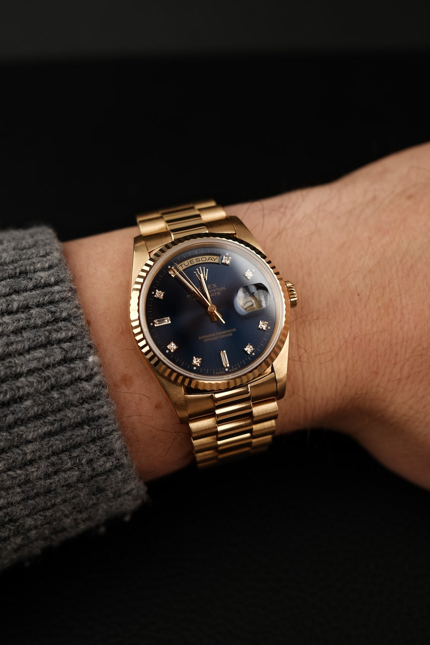 Rolex Day Date 36mm 18238 Box + og. Papiere Yellow Gold, Blue Dia Dial