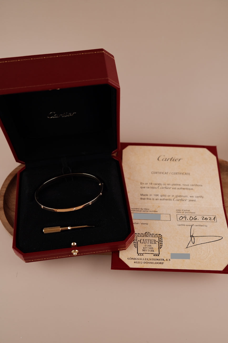 Cartier Love Armreif Gelbgold mit 6 Diamanten, Kleines Modell, Gr. 20, Schraubenzieher, Box & Papiere