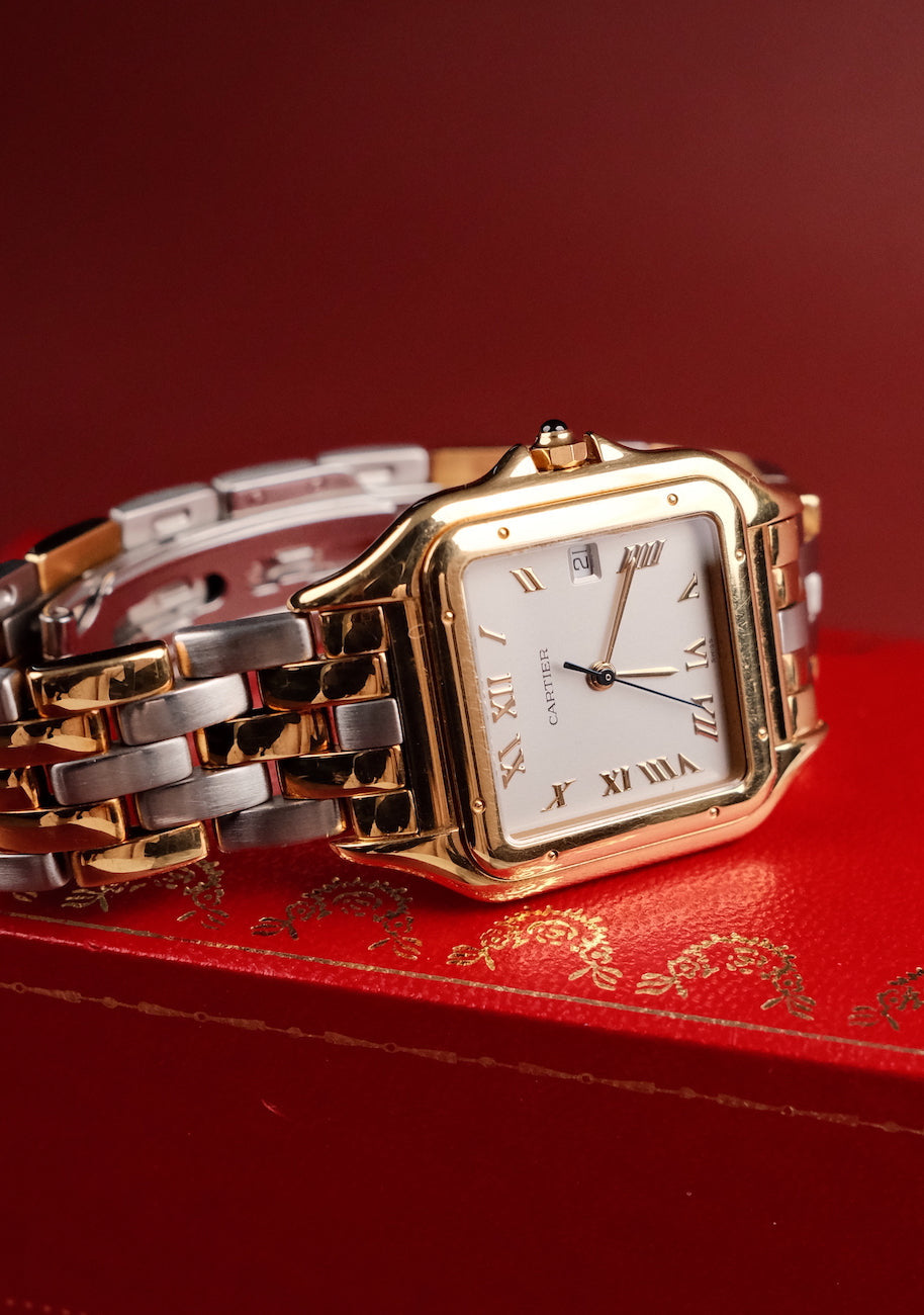 Cartier Panthere 18k Gold Silver Dial 1060 Box 3 Row Bracelet