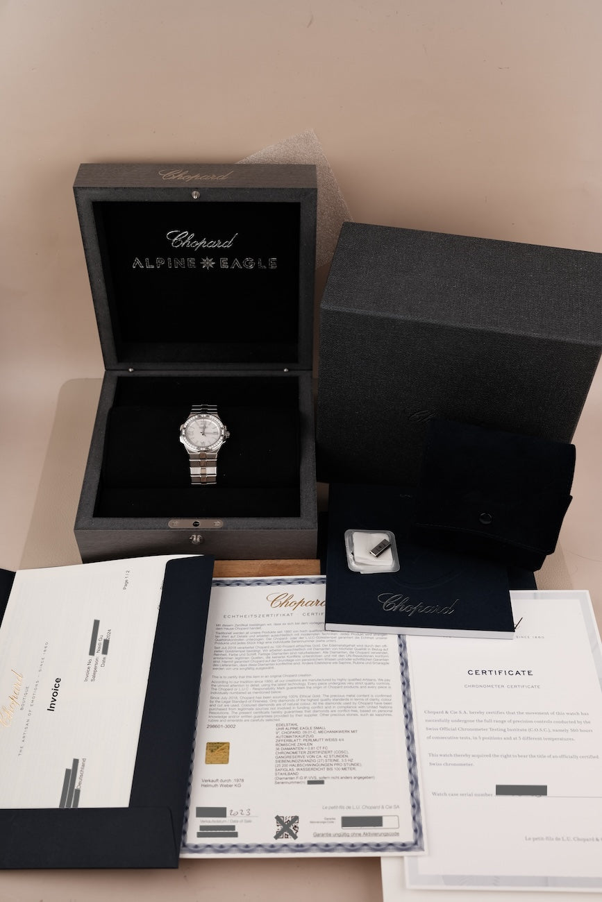 Chopard Alpine Eagle 298601-3002 Box + og. Papiere Small, Mother of Pearl, Diamonds, Small Chopard Service 2024, German Delivered