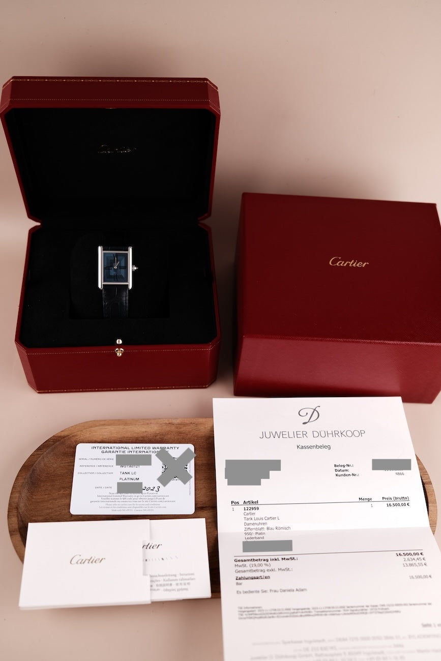 Cartier Tank Louis Cartier WGTA0121 Box + og. Papiere 99% Neu, Platin, Limited Edition, blaues Zifferblatt Erstkaufrechnung