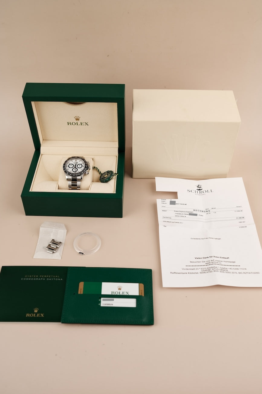 Rolex Daytona 116500LN Box + og. Papiere White Dial Panda, First Buyer's Invoice, LC EU