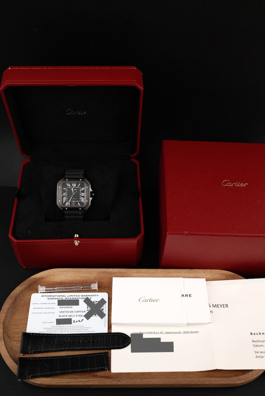 Cartier Santos Large WSSA0039 Box + og. Papiere Black ADLC, New, First Buyer's Invoice, German Delivered, Partly Stickered