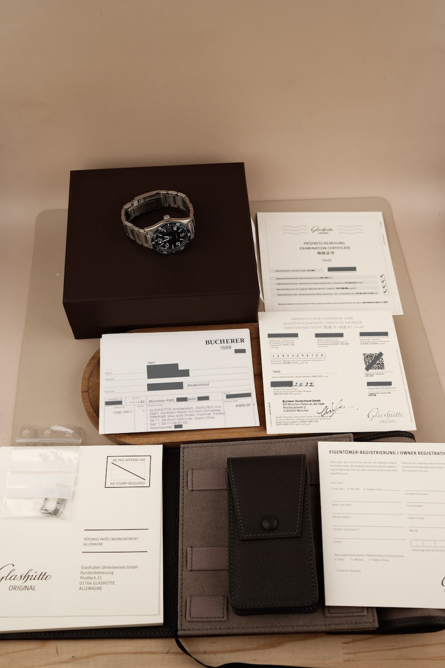 Glashütte SeaQ 13911098170 Box + og. Papiere Blue Dial, First Buyer's Invoice, German Delivered + Glashütte Original Buckle