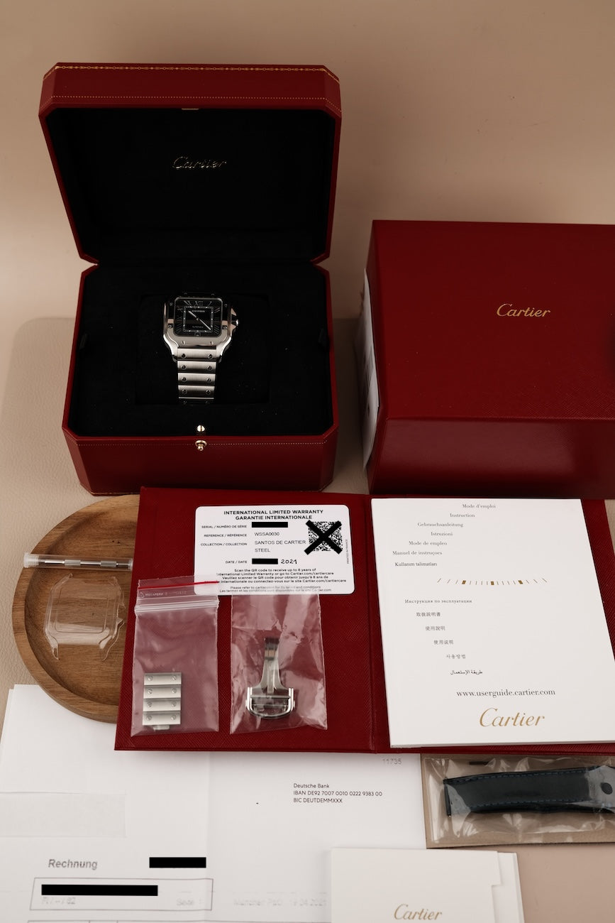 Cartier Santos de Cartier WSSA0030 Box + og. Papiere Blue Dial, LC DE, First Buyer's Invoice