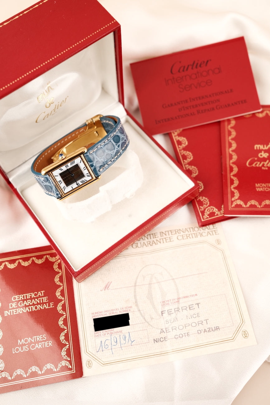 Cartier Tank Vermeil 590005 Box + og. Papiere Rare Trinity Dial, EU Delivered, Cartier Clasp