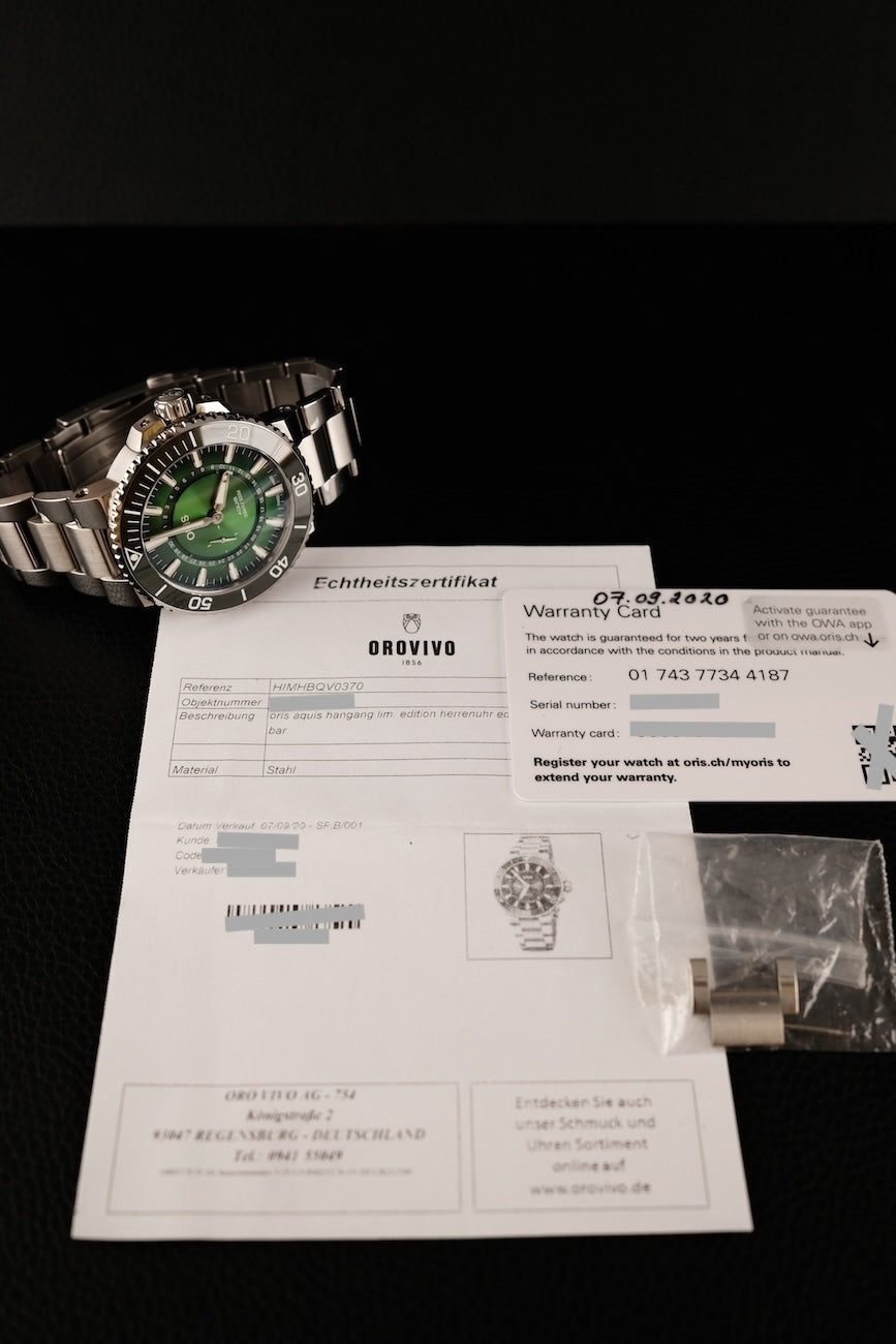 Oris Aquis Dat Watt 0174377344187 Original Papiere HANGANG LIMITED EDITION, Green Dial, LC DE