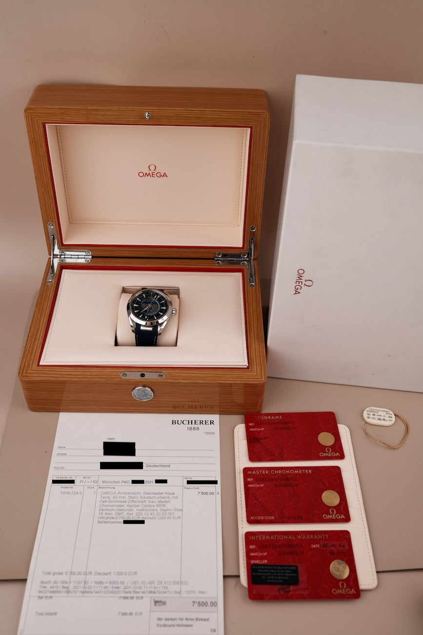 Omega Seamaster Aqua Terra Worldtimer GMT 22012432203001 Box + og. Papiere German Delivered, First Buyer's Invoice