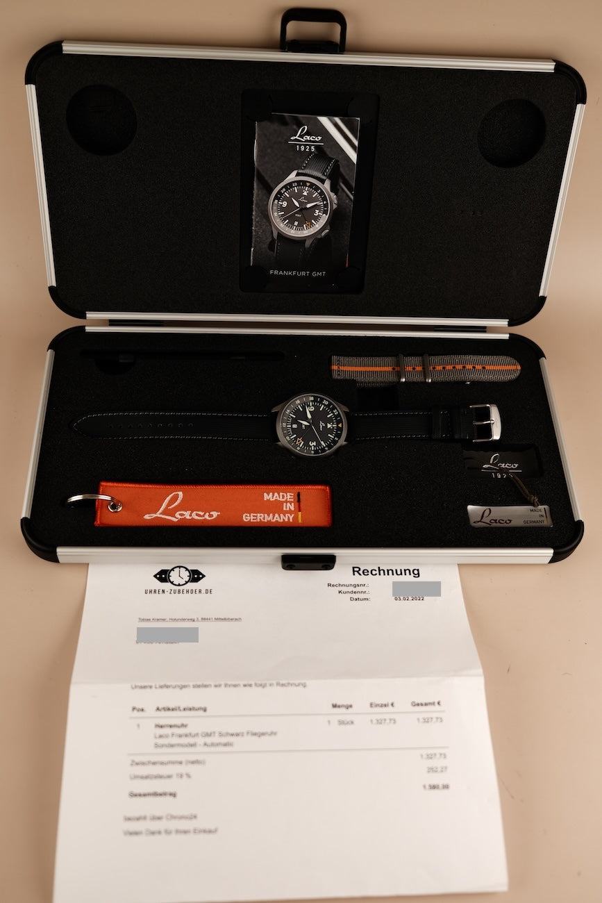 Laco Frankfurt GMT 8621202 Box + og. Papiere Schwarz Flieger Sondermodell, Fullset, Erstkaufrechnung