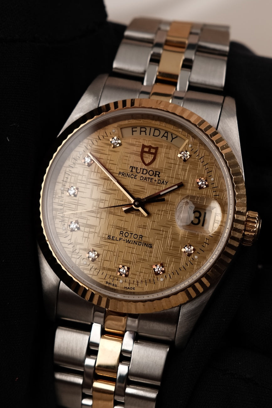 Tudor Prince Date Day 76213 Box + og. Papiere SERVICED Champagne Linen Diamond Dial