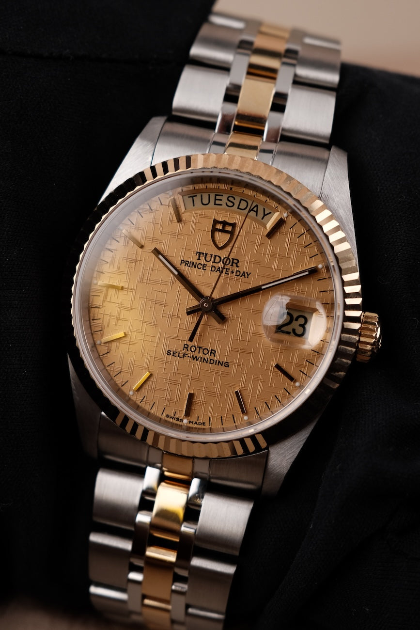 Tudor Prince Date Day 76213 Original Papiere S/G, Champagne Stick Dial, Fluted Bezel, Serviced