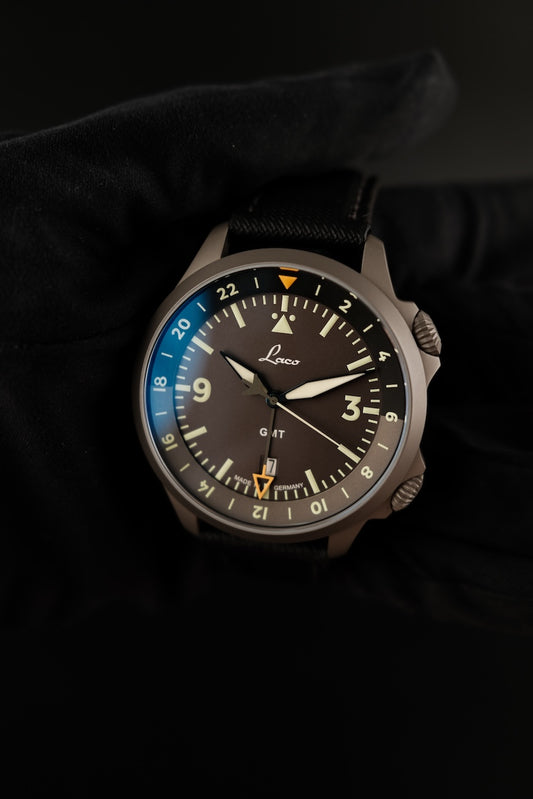 Laco Frankfurt GMT 8621202 Box + og. Papiere Schwarz Flieger Sondermodell, Fullset, Erstkaufrechnung