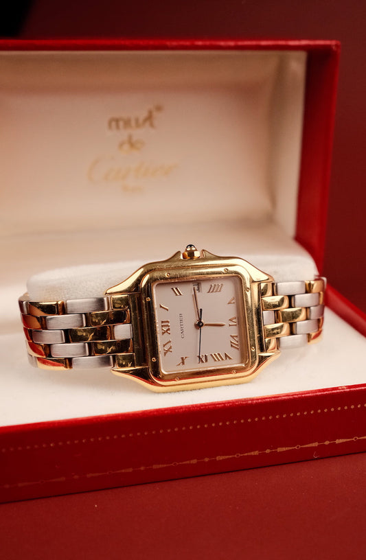 Cartier Panthere 18k Gold Silver Dial 1060 Box 3 Row Bracelet