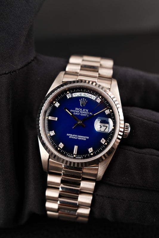 Rolex Day-Date 36 18239 Box Blue Vignette Diamond Dial White Gold