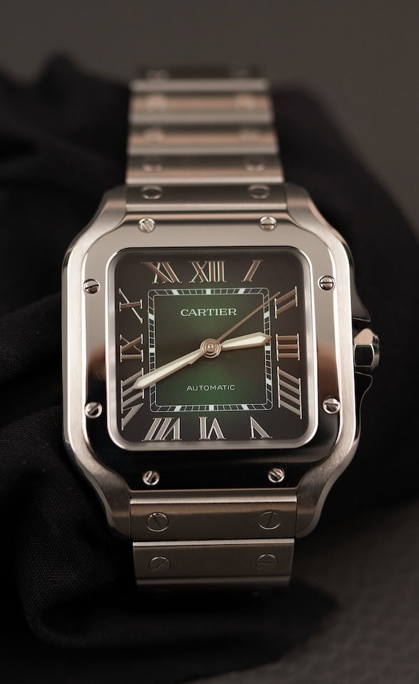 Cartier Santos WSSA0061 Box + og. Papiere Green Dial, First Buyer's Invoice, German Delivered