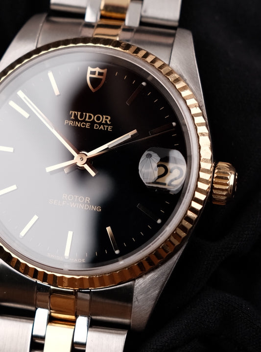 Tudor Prince Oysterdate, black Index Dial, Fluted Bezel 72033 Original Papiere 32mm, SERVICED