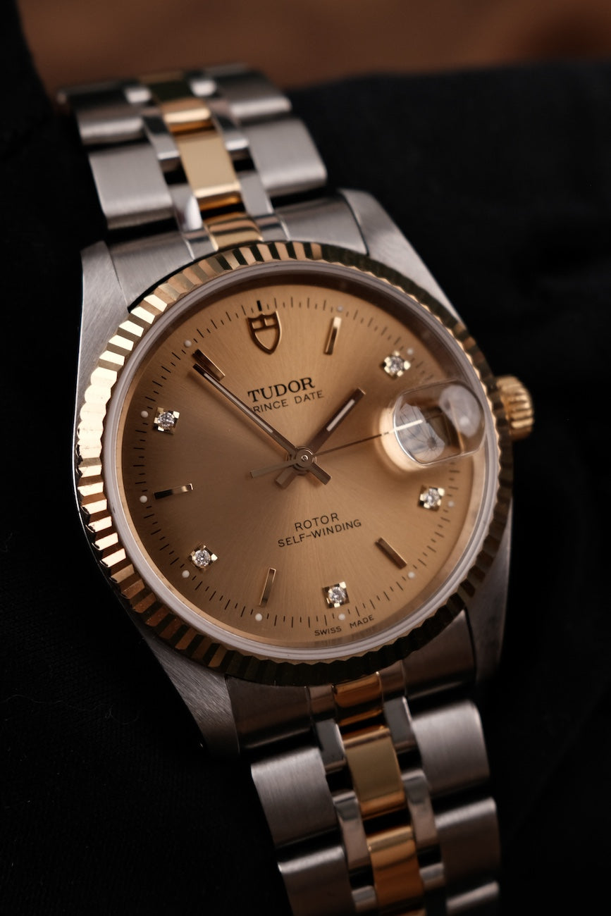 Tudor Prince Date, S/G, Fluted Bezel, Champagne Diamond Dial 74033 Original Papiere 34mm, Serviced